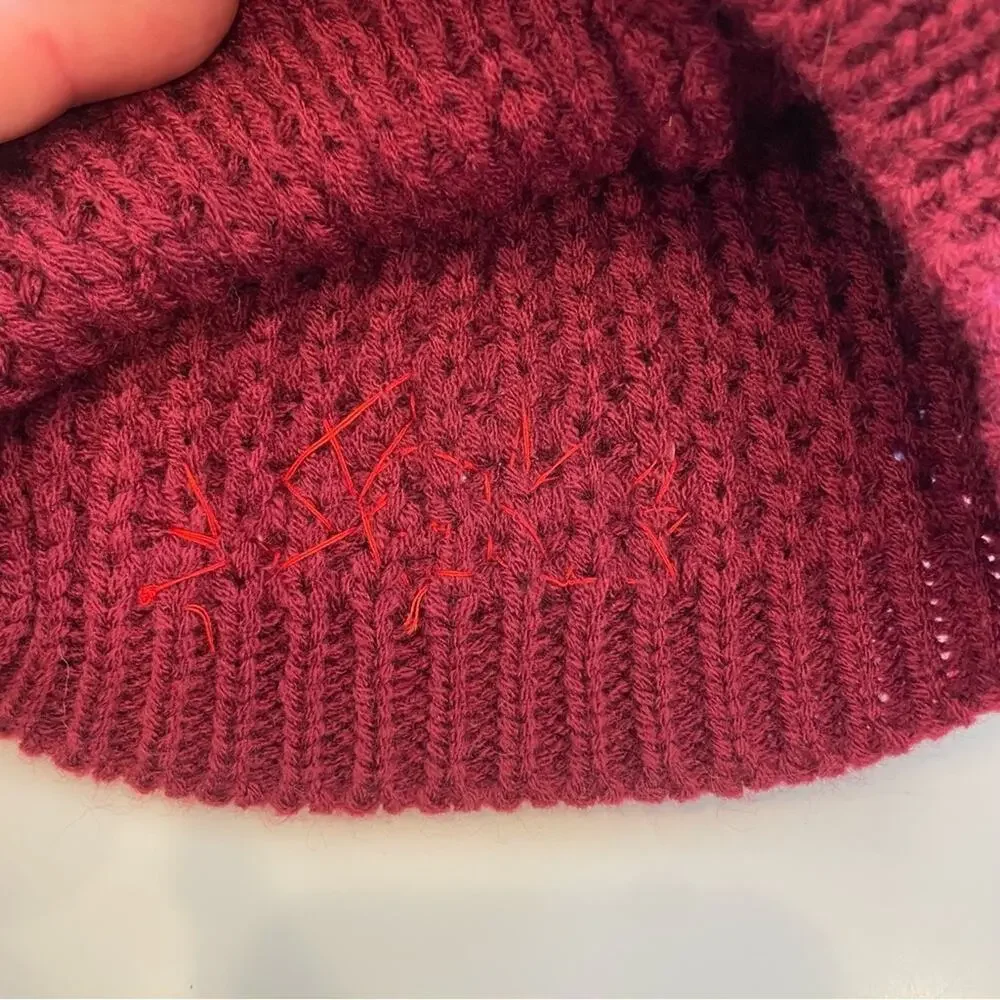 Burgundy Knit Beanie with Red Rhinestones & Faux Fur Poof
